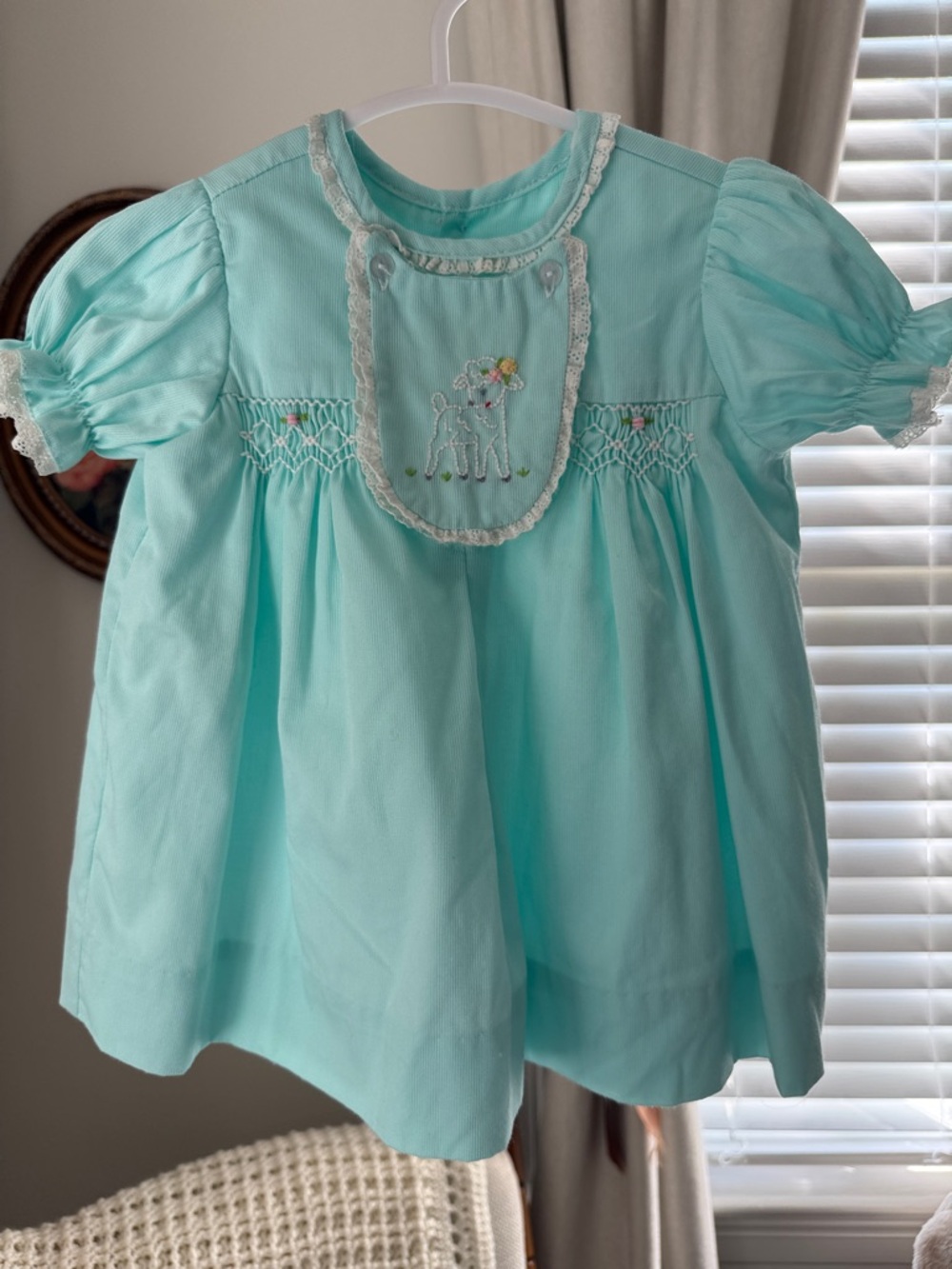 Vintage Smocked Baby/Toddler Dress with Lamb Embroidery - Aqua Baby Girl 9 Month